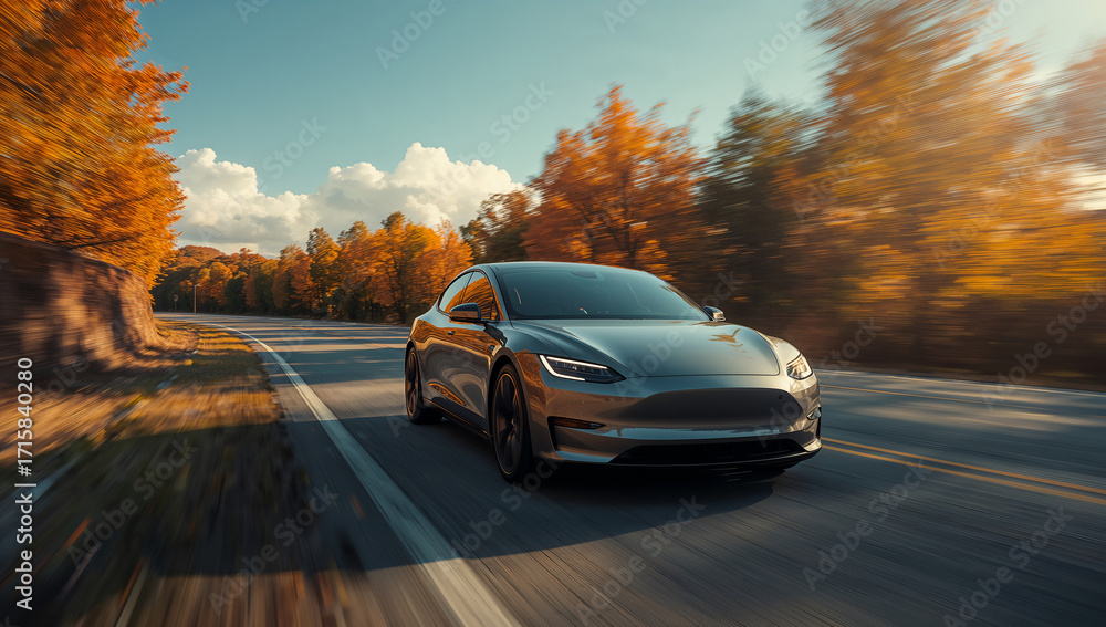 Fototapeta premium 紅葉のオレンジから空の青へ滑らかに移る色相が高級感を生み自動車ブランドや観光PRに幅広く展開できる汎用カット.生成AI