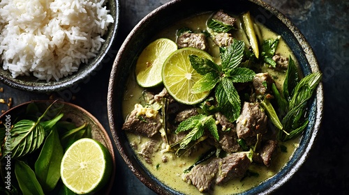 Beef green curry with lime wedges and fresh herbs overhead view