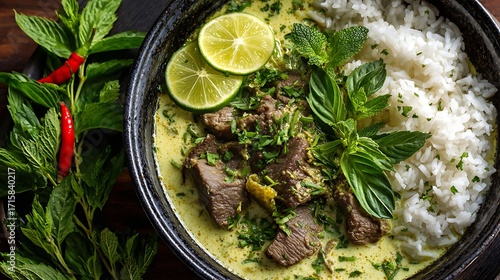 Beef green curry with lime wedges and fresh herbs overhead view