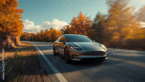 紅葉のオレンジから空の青へ滑らかに移る色相が高級感を生み自動車ブランドや観光PRに幅広く展開できる汎用カット.生成AI