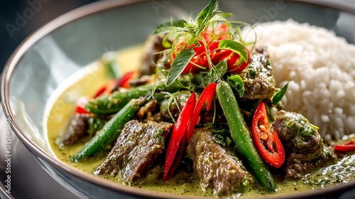 Close up of beef green curry with coconut milk and chili slices