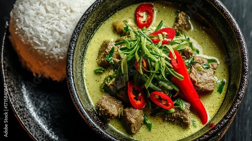 Close up of beef green curry with coconut milk and chili slices