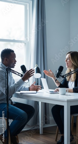 Diverse podcast hosts engaging in conversation during a recording session.