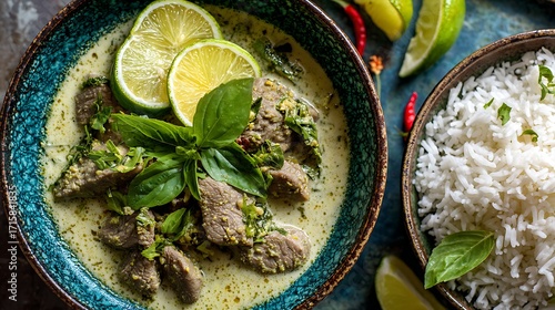 Beef green curry served hot with lime slices and basil leaves