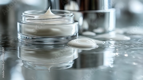 Wallpaper Mural Glass cosmetic jar with cream photographed closeup on reflective surface background Torontodigital.ca