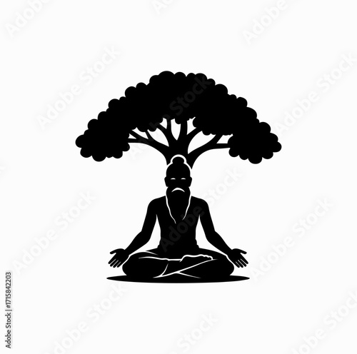Meditating Sage Silhouette – Maharishi Valmiki under Tree in Lotus Pose