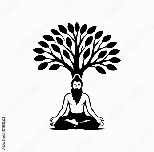 Meditating Sage Silhouette – Maharishi Valmiki under Tree in Lotus Pose
