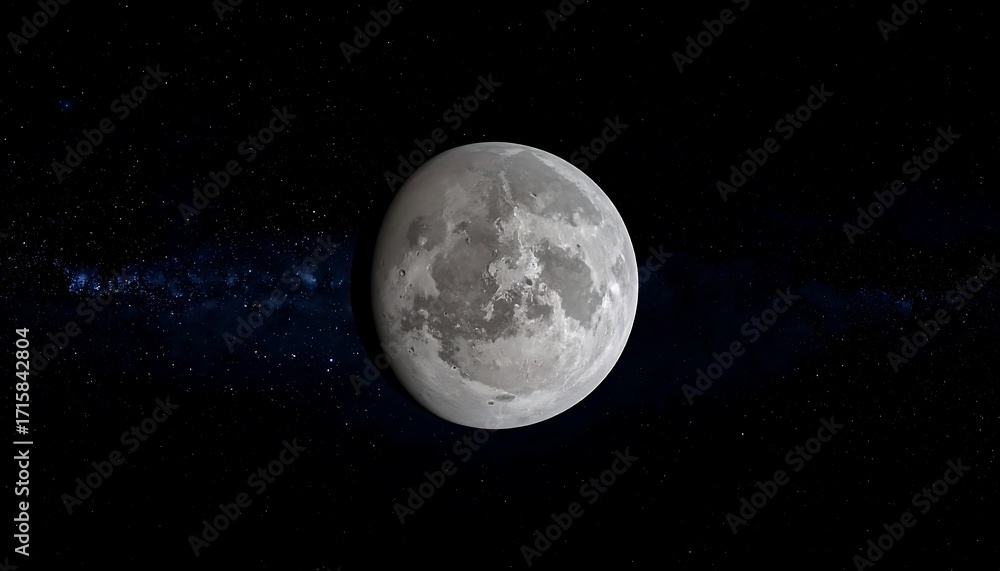 Fototapeta premium A solitary moon hangs in the inky black expanse of space, its cratered surface subtly detailed against a backdrop of distant stars.