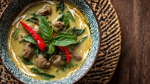 Spicy beef green curry with fresh basil and coconut milk swirls