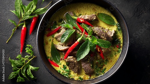 Bowl of beef green curry with chili peppers and fresh herbs