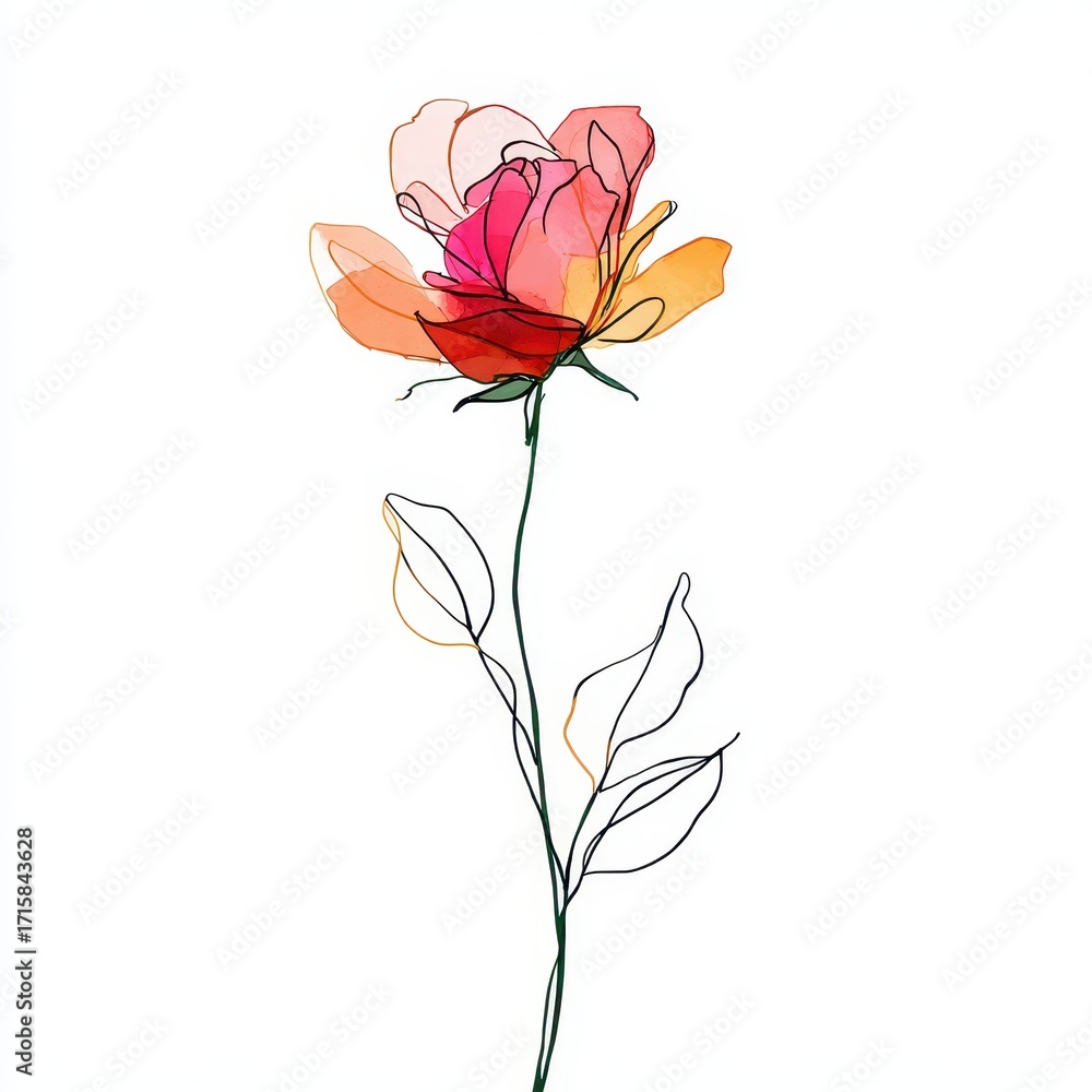 Obraz premium Minimalist Outline of a Rose: Single Line Floral Design with Colorful Ink Stains
