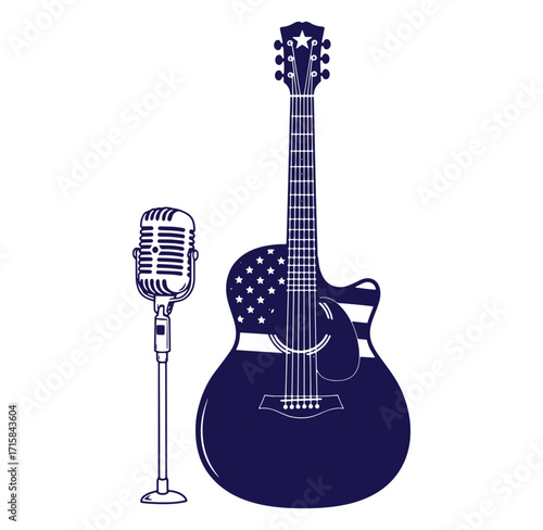 Acoustic guitar and microphone illustration with american flag design in navy blue color