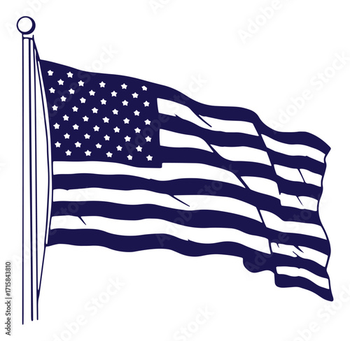 American flag waving in the wind illustrative dark blue and white patriotic design