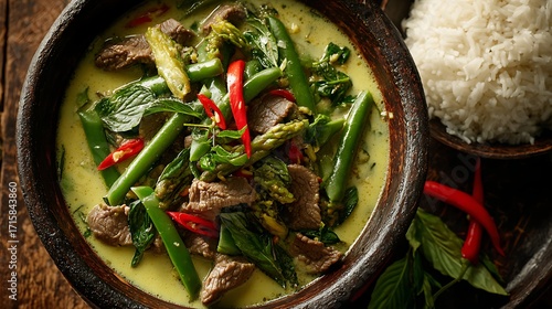Close up of aromatic beef green curry with coconut milk