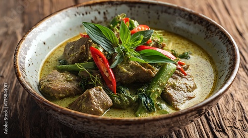 Beef green curry in ceramic bowl with rustic wooden table