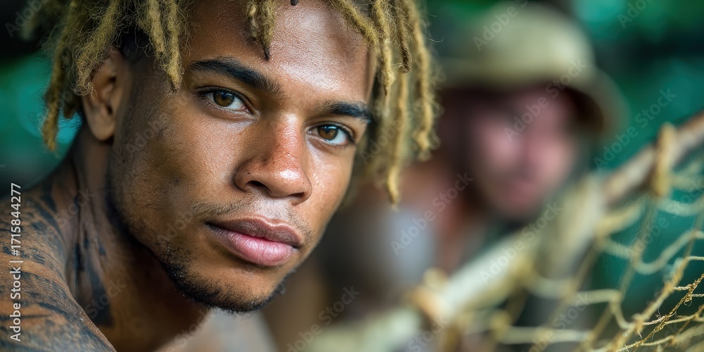 Obraz premium A close-up portrait of a young man with distinctive hair and tattoos, focused intently, set against a blurred natural background.