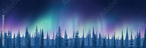 Forest in the background of aurora borealis, winter illustration, northern nature, panoramic view