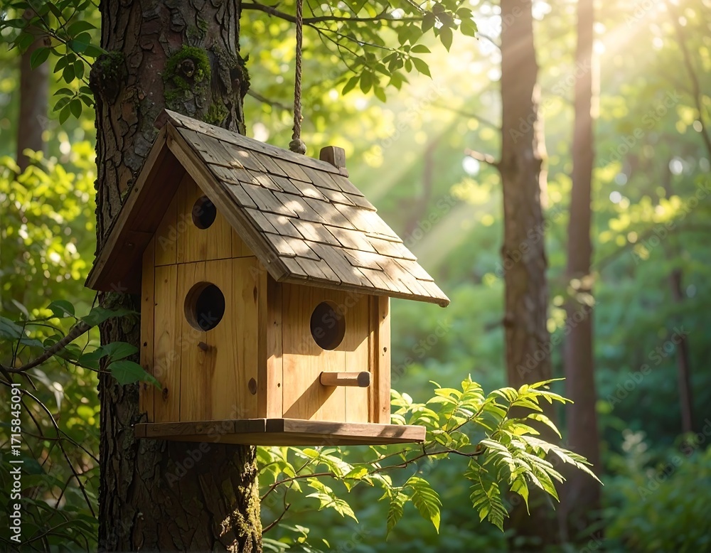 Naklejka premium Wooden birdhouse nestled in a sunlit forest