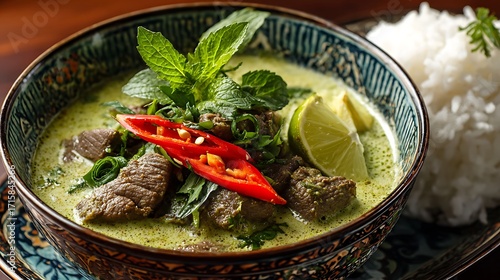 Beef green curry in traditional bowl with coconut milk garnish