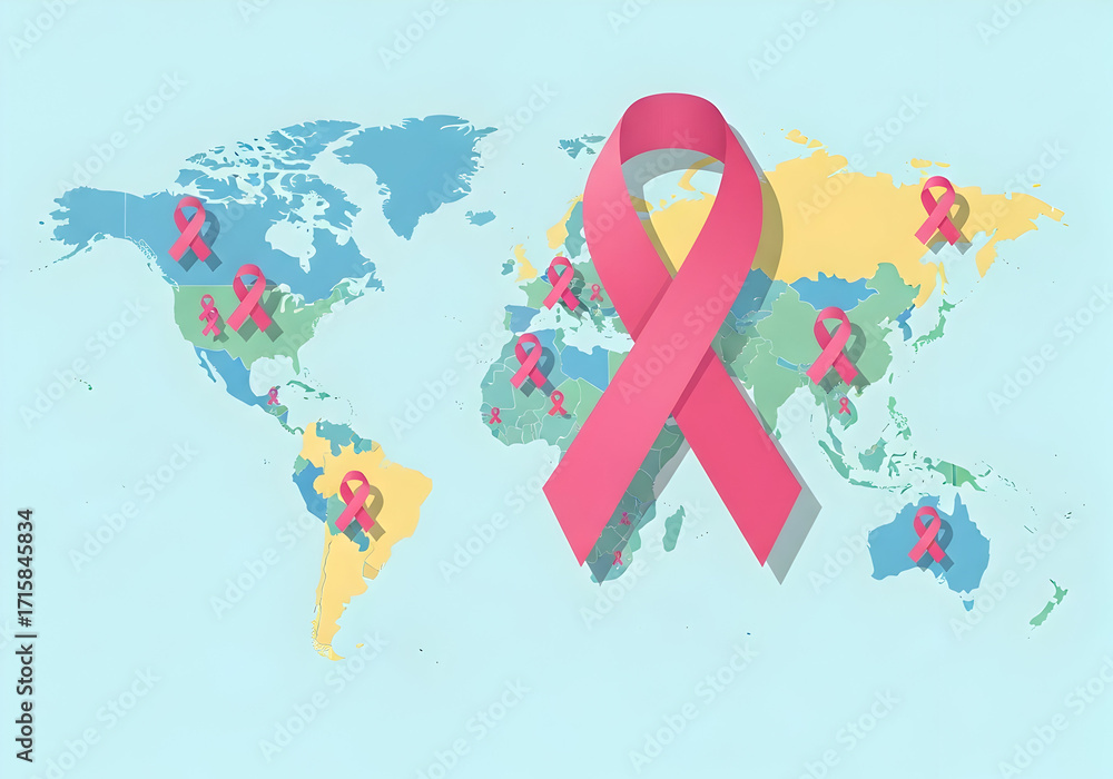 Obraz premium illustration of a world map with pink awareness ribbons on different continents for a Breast Cancer Awareness concept of global solidarity and international health.