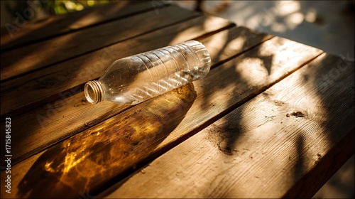 Plastic bottle lying on wooden table with sunlight shadows