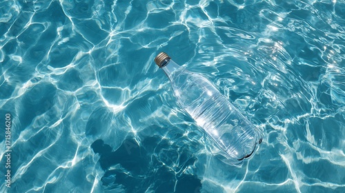 Plastic bottle floating in clear blue water pool