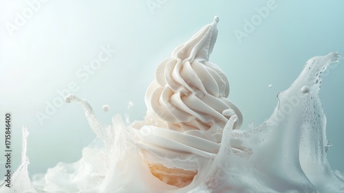 Ice cream swirl splash captured in motion against pastel blue background