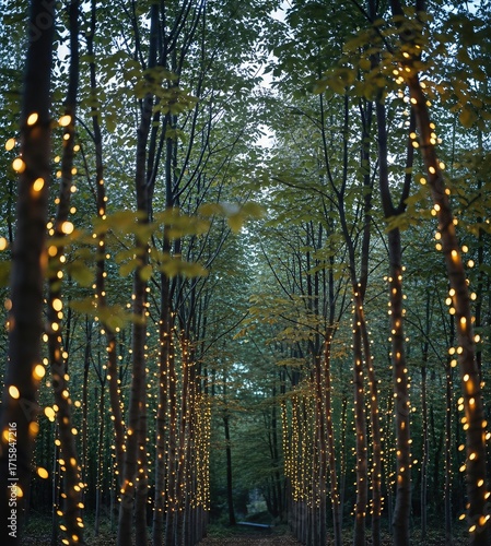 Illuminated Forest Path with Glowing String Lights