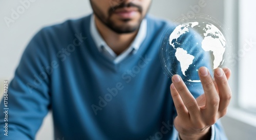 Man Interacting with Holographic Globe Displaying the World