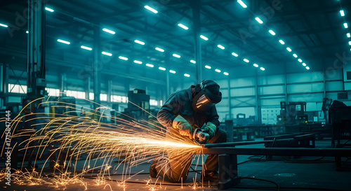Industrial Welder at Work Producing Bright Sparks in Dark Factory Setting