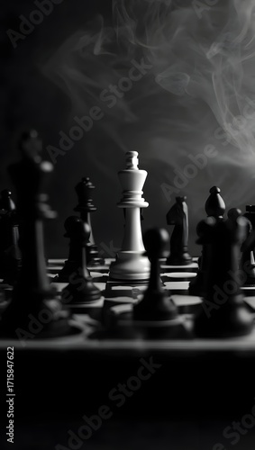 Strategic chess game with king in the center surrounded by smoke and dark pieces