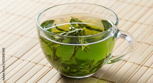 Clear glass cup of steaming green tea with tea leaves, resting on a light brown woven mat.
