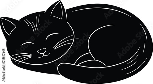 Adorable sleeping kitty curled up in cozy black silhouette vector