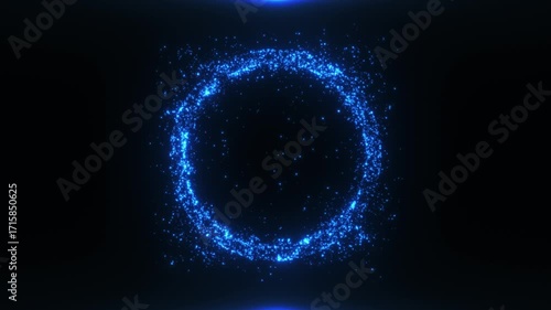 Glowing blue particle circle on dark background. Futuristic energy ring made of sparkling dust and light dots, abstract technology design, sci-fi portal or digital wave effect for modern visuals