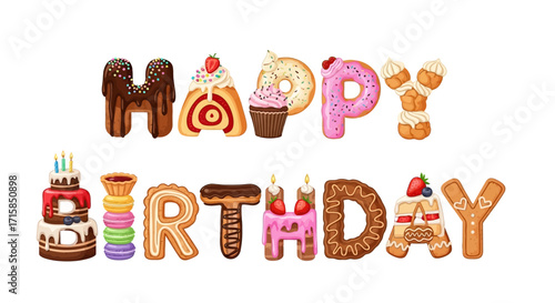 Happy Birthday message spelled out with delicious desserts for celebrations and parties