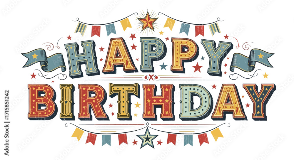 Fototapeta premium Vintage Happy Birthday Text with Festive Stars and Banners for Celebrations and Parties