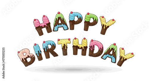 Happy Birthday spelled out with delicious cupcake letters on a white background, perfect for celebrations