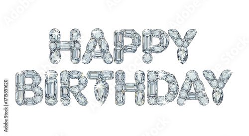 Shining Happy Birthday greeting crafted from sparkling diamonds on a white background for celebrations