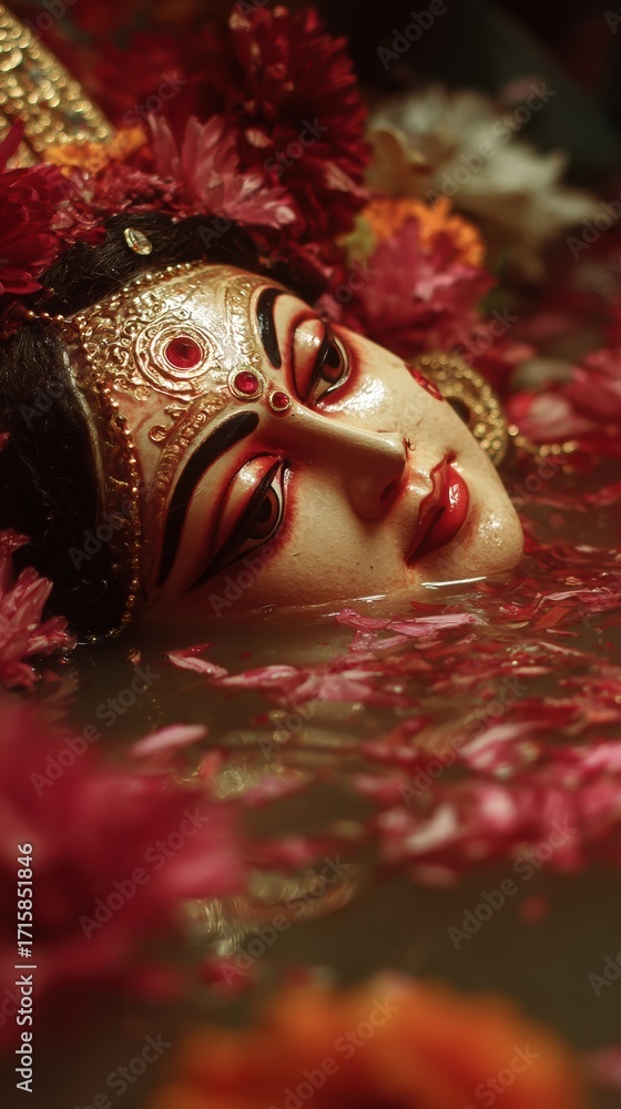 Fototapeta premium Durga Idol half submerged in water, template for social media, digital ads, web banner, mobile wallpaper, greeting card