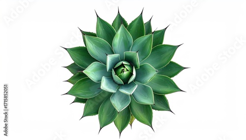 Overhead view of a succulent plant with teal-green, spiky leaves arranged in a rosette pattern against a white background