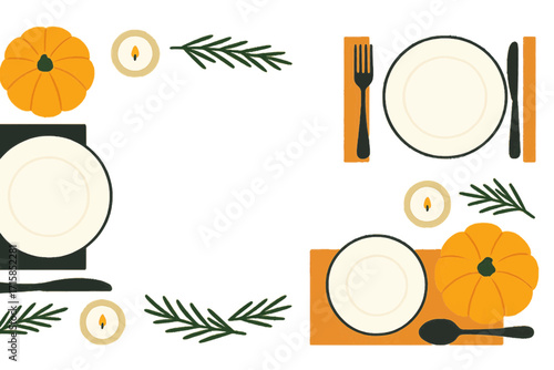 Flat Vector Overhead Thanksgiving Table Banner with Plates, Cutlery, Pumpkins and Central Copy Space (CMYK, No Text)