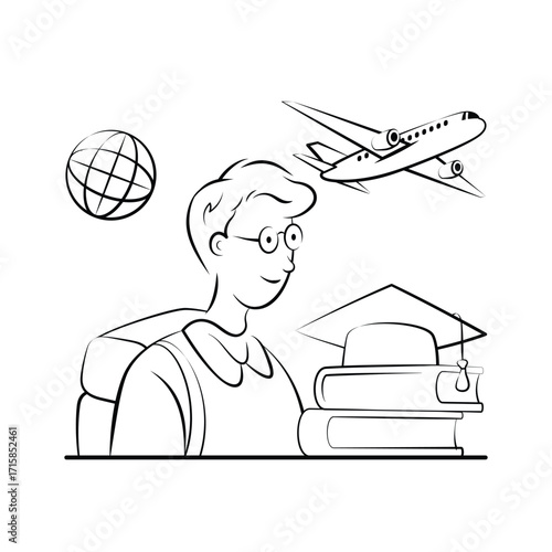 Student with globe and graduation hat planning study abroad, modern illustration