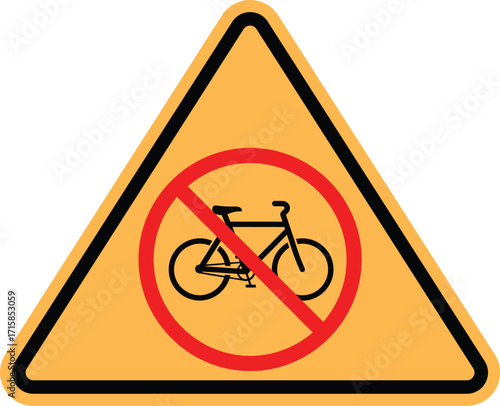 No bicycle allowed sign, caution triangle, yellow background, red prohibition symbol, bicycle silhouette.