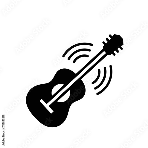 Black Acoustic Guitar Icon with Sound Waves Illustration
