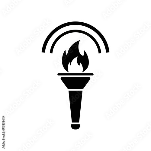 Black and White Torch Icon with Flames and Broadcast Symbol