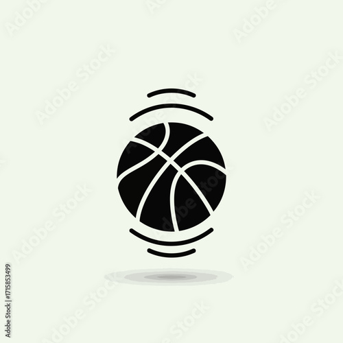 Black Basketball Icon with Curved Lines, Floating in Air, Simple Design.