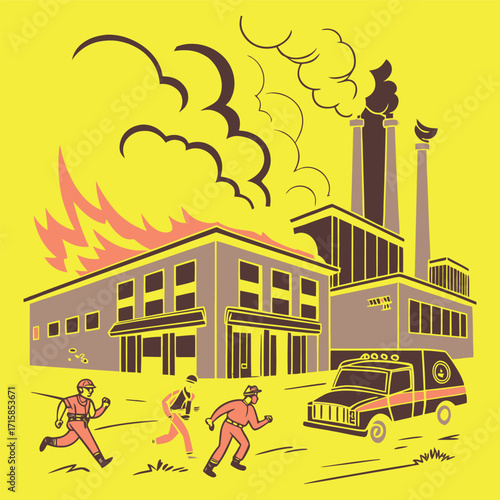 Vector illustration of a modern factory building in a vibrant urban cityscape