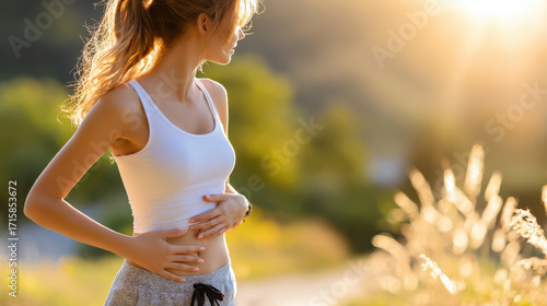 Young woman touching her stomach, standing outdoors in sunlight with soft blurred background of greenery and golden grass