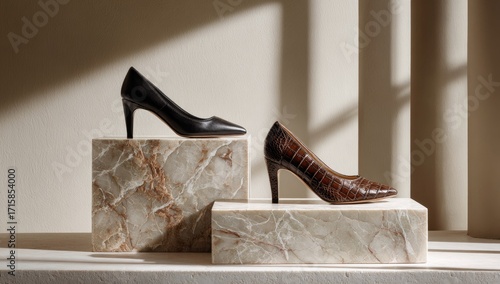 Two elegant high-heeled shoes on marble platforms, in muted tones