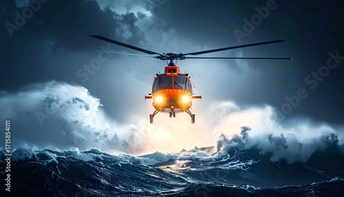 A rescue helicopter spotlight searches the waves